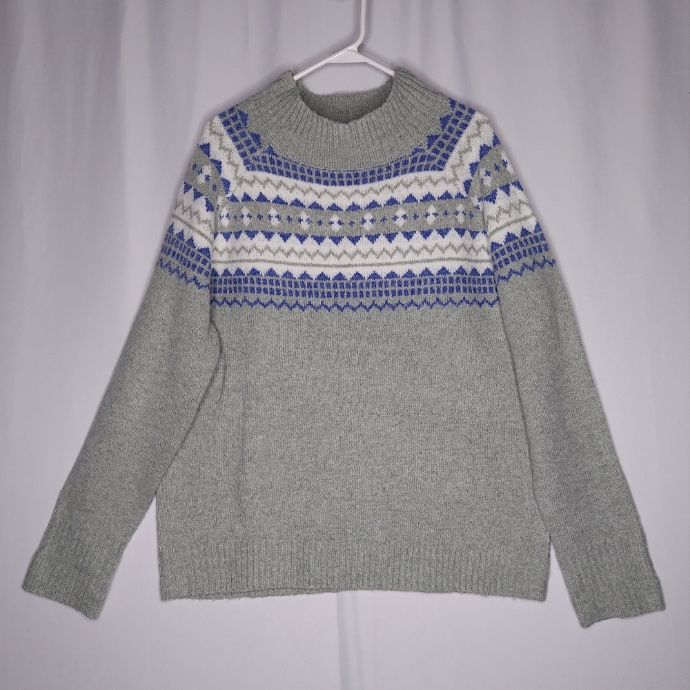 Keren Hart Fair Isle Sweater Womens XL High Neck Gray Blue Knit Long Sleeve